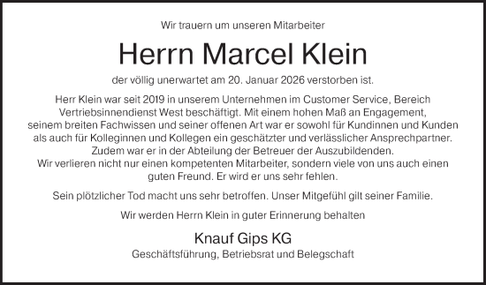 Traueranzeige von Marcel Klein von Fränkische Nachrichten