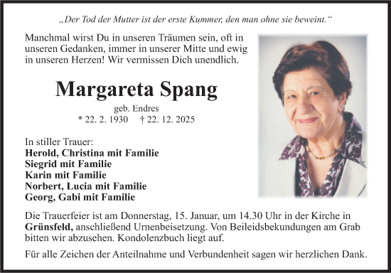 Traueranzeige von Margareta Spang von Fränkische Nachrichten