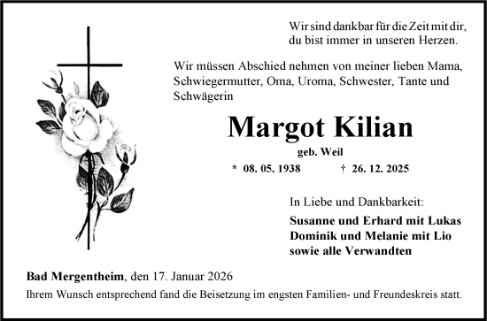 Traueranzeige von Margot Kilian von Fränkische Nachrichten