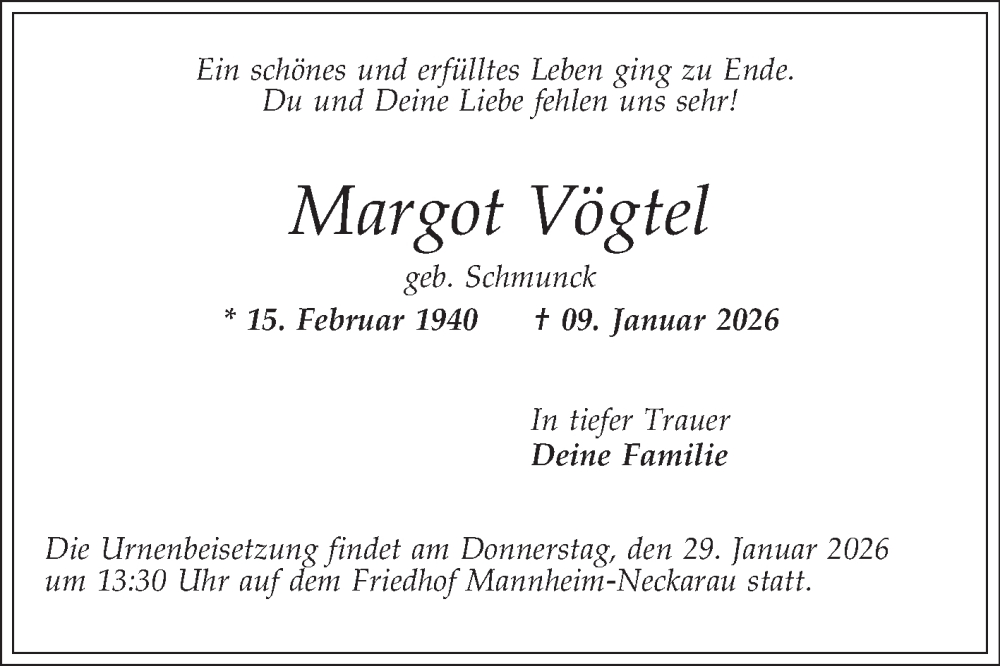  Traueranzeige für Margot Vögtel vom 24.01.2026 aus Mannheimer Morgen