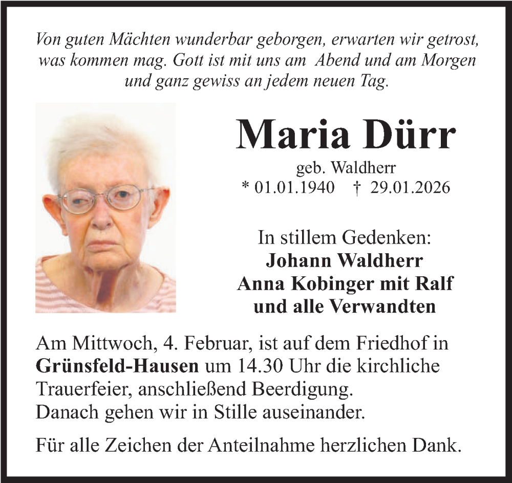  Traueranzeige für Maria Dürr vom 31.01.2026 aus Fränkische Nachrichten