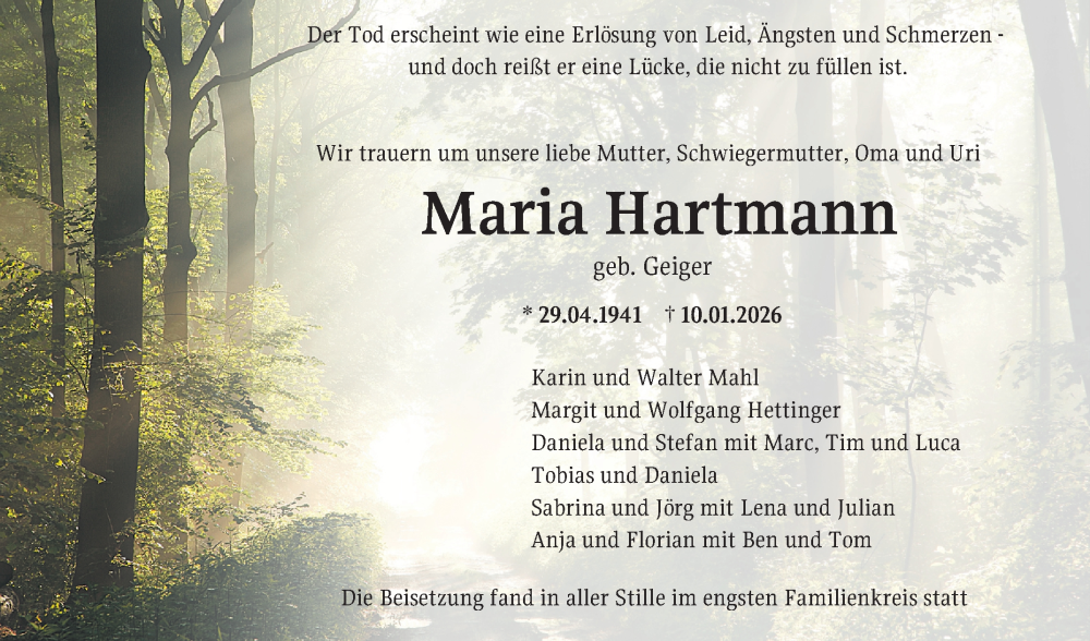  Traueranzeige für Maria Hartmann vom 31.01.2026 aus Schwetzinger Zeitung