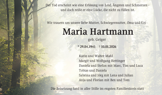 Traueranzeige von Maria Hartmann von Schwetzinger Zeitung