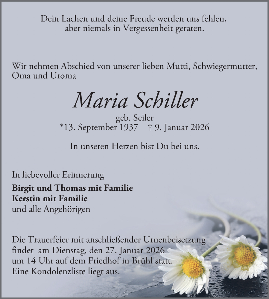  Traueranzeige für Maria Schiller vom 24.01.2026 aus Schwetzinger Zeitung