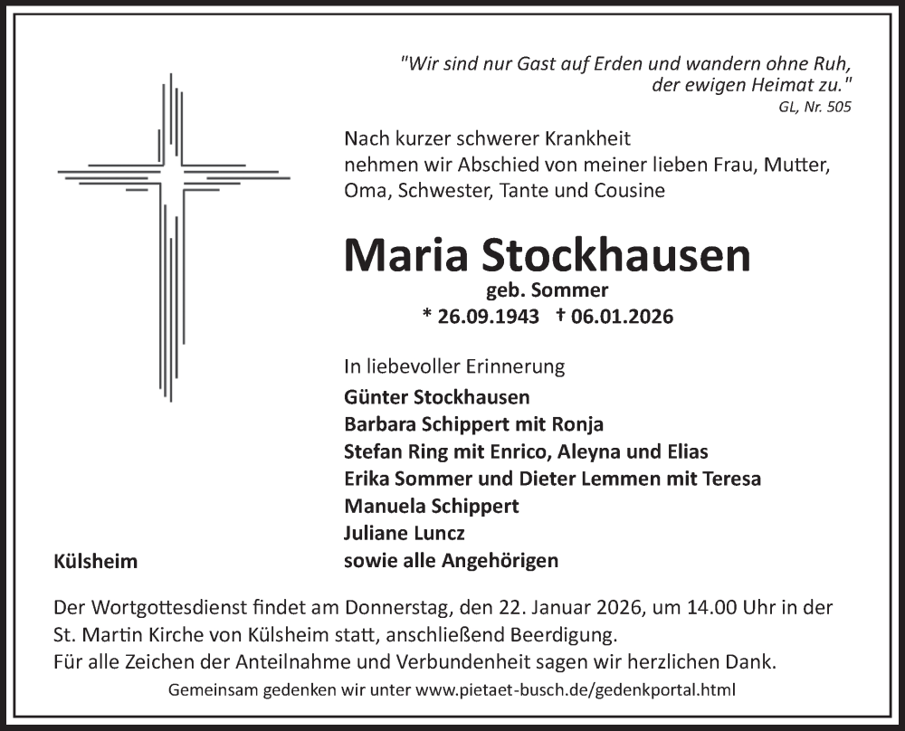  Traueranzeige für Maria Stockhausen vom 17.01.2026 aus Fränkische Nachrichten