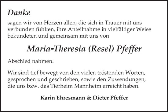 Traueranzeige von Maria-Theresia Pfeffer von Mannheimer Morgen