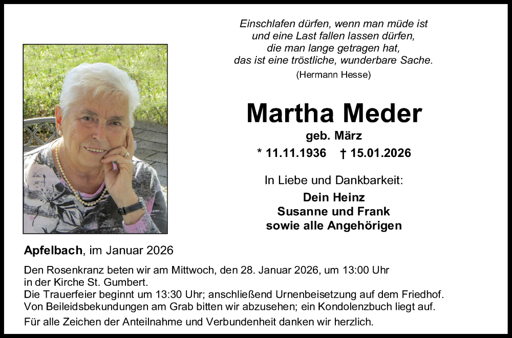  Traueranzeige für Martha Meder vom 24.01.2026 aus Fränkische Nachrichten