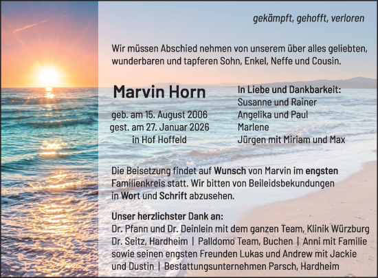 Traueranzeige von Marvin Horn von Fränkische Nachrichten