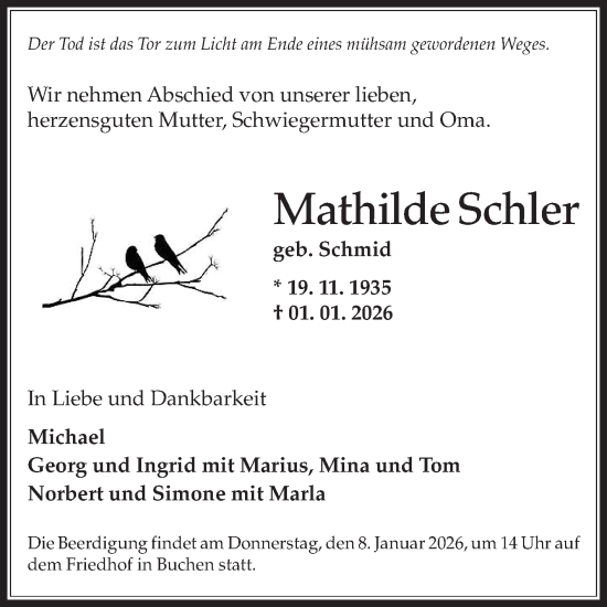 Traueranzeige von Mathilde Schler von Fränkische Nachrichten