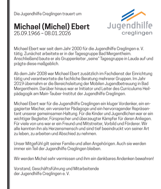 Traueranzeige von Michael Ebert von Fränkische Nachrichten
