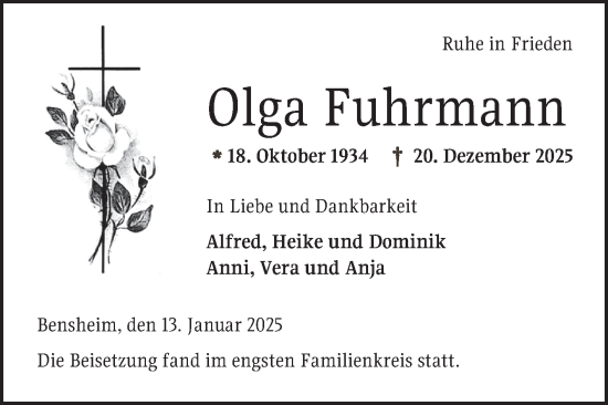 Traueranzeige von Olga Fuhrmann von Bergsträßer Anzeiger
