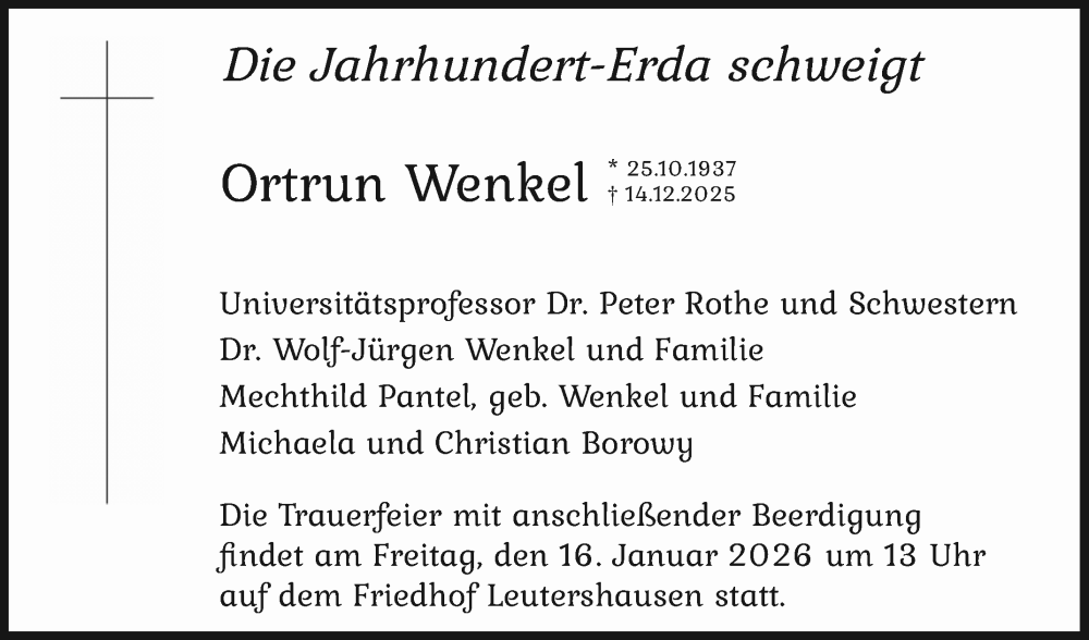  Traueranzeige für Ortrun Wenkel vom 03.01.2026 aus Mannheimer Morgen