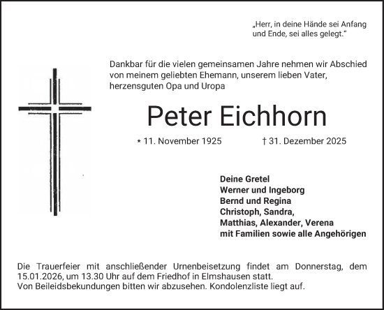 Traueranzeige von Peter Eichhorn von Bergsträßer Anzeiger