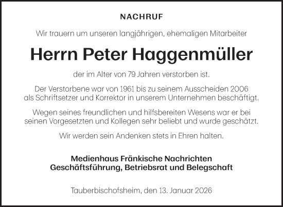 Traueranzeige von Peter Haggenmüller von Fränkische Nachrichten