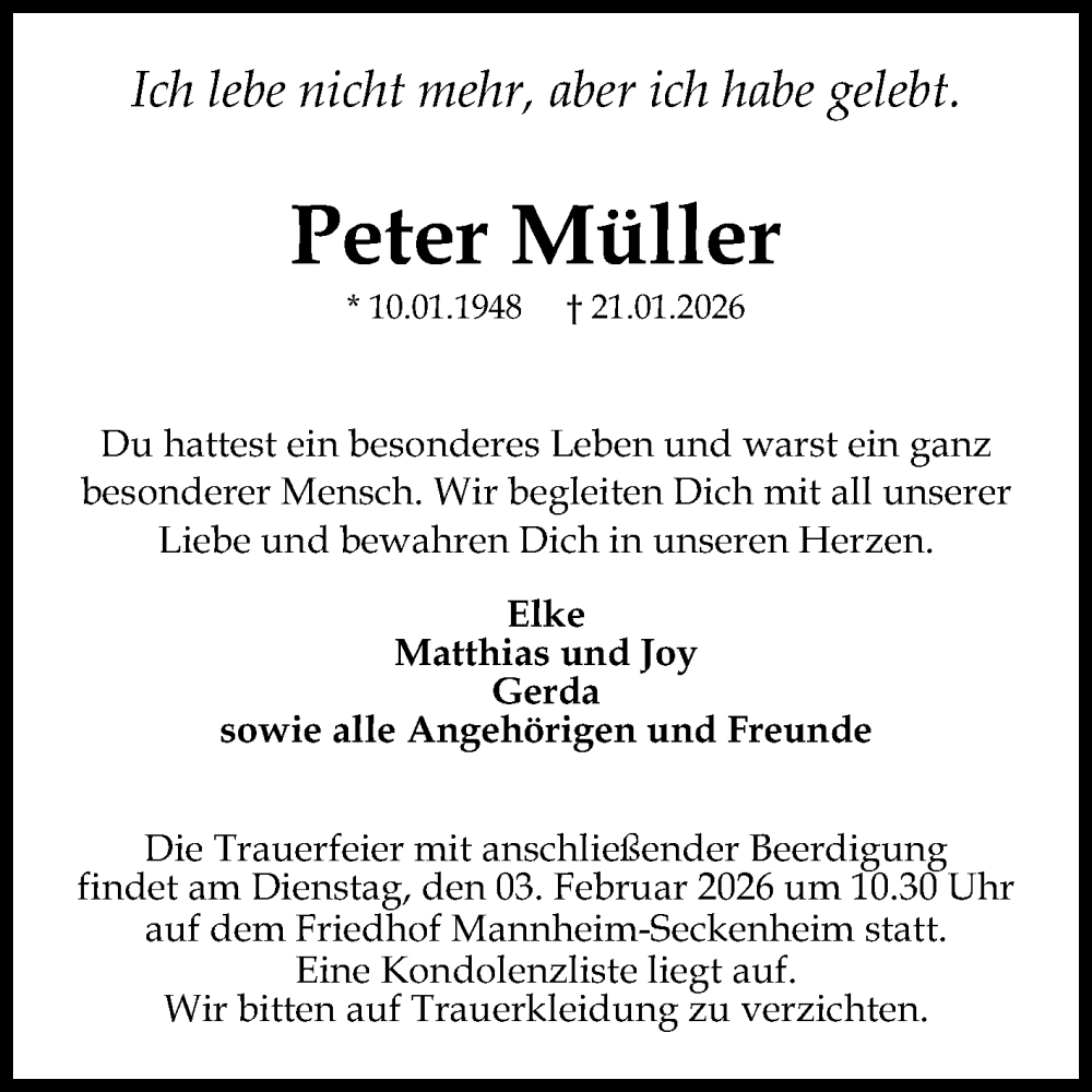  Traueranzeige für Peter Müller vom 31.01.2026 aus Mannheimer Morgen