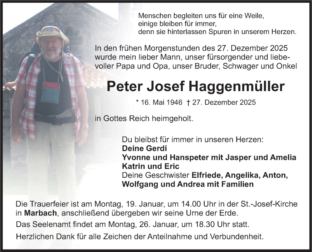  Traueranzeige für Peter Josef Haggenmüller vom 13.01.2026 aus Fränkische Nachrichten