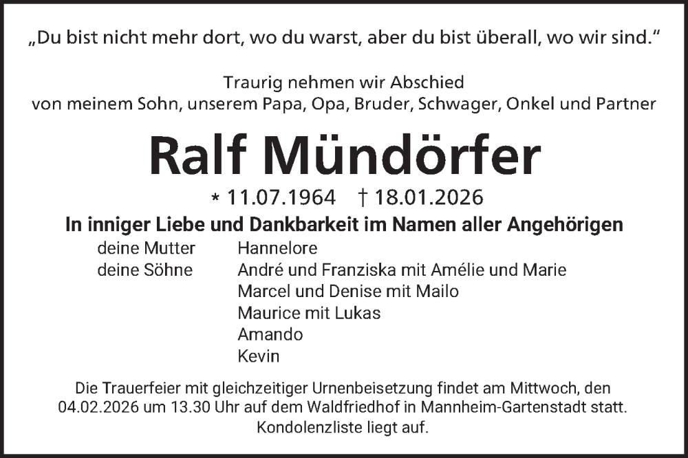  Traueranzeige für Ralf Mündörfer vom 31.01.2026 aus Mannheimer Morgen