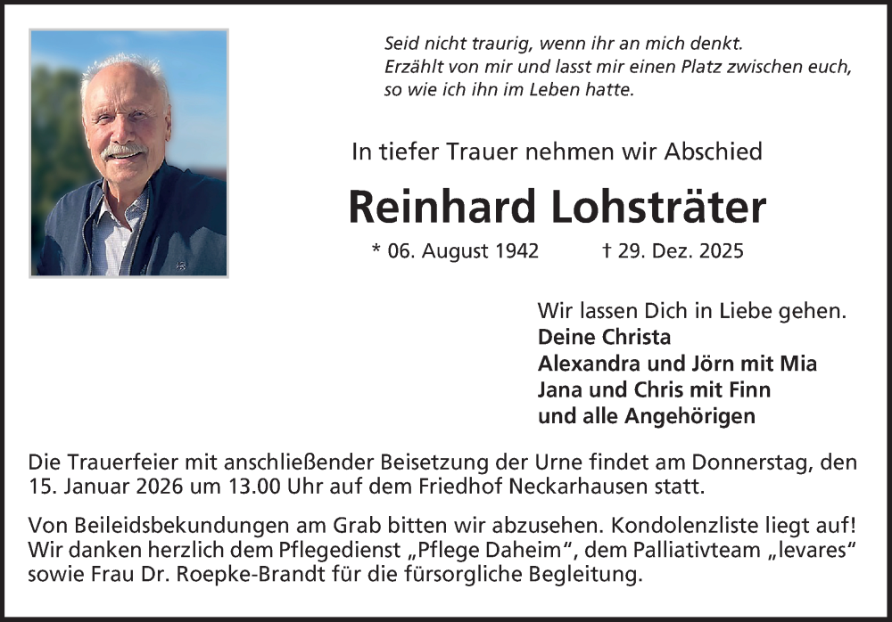  Traueranzeige für Reinhard Lohsträter vom 10.01.2026 aus Mannheimer Morgen