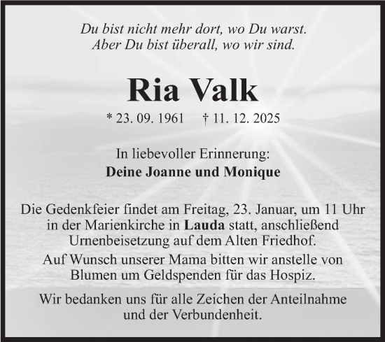 Traueranzeige von Ria Valk von Fränkische Nachrichten