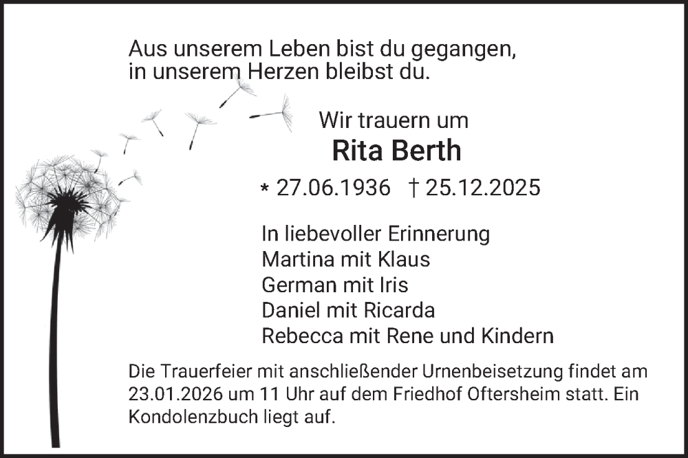  Traueranzeige für Rita Berth vom 17.01.2026 aus Schwetzinger Zeitung