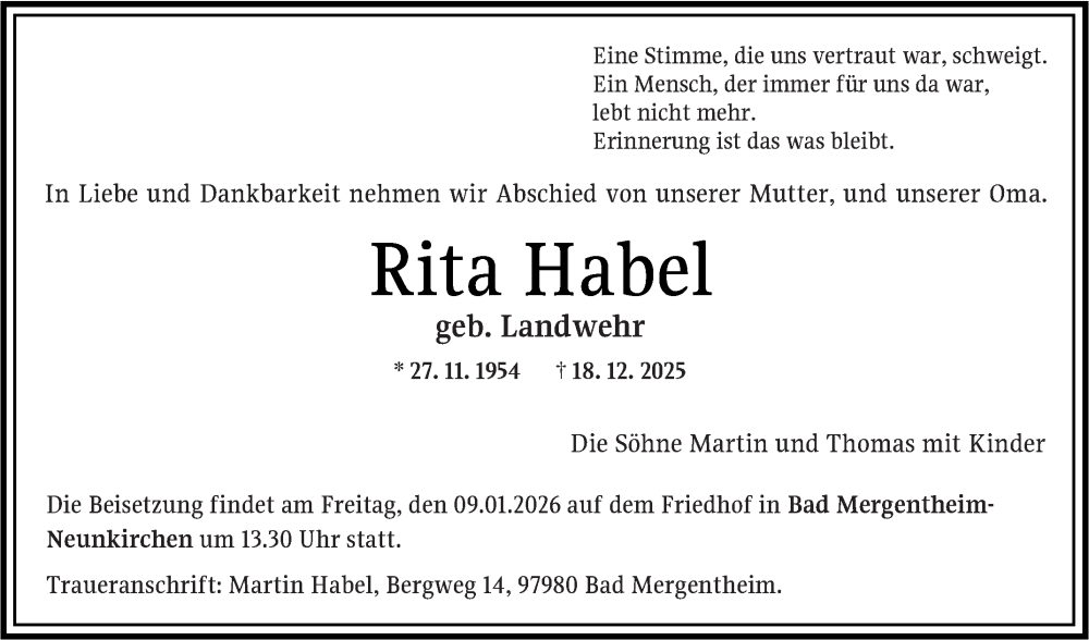  Traueranzeige für Rita Habel vom 03.01.2026 aus Fränkische Nachrichten