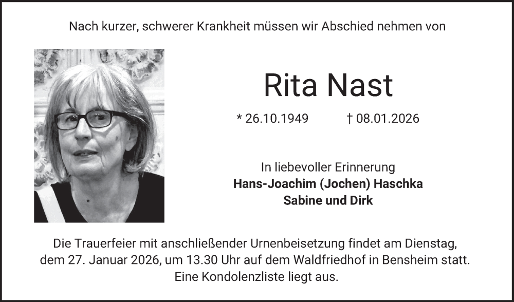  Traueranzeige für Rita Nast vom 24.01.2026 aus Bergsträßer Anzeiger