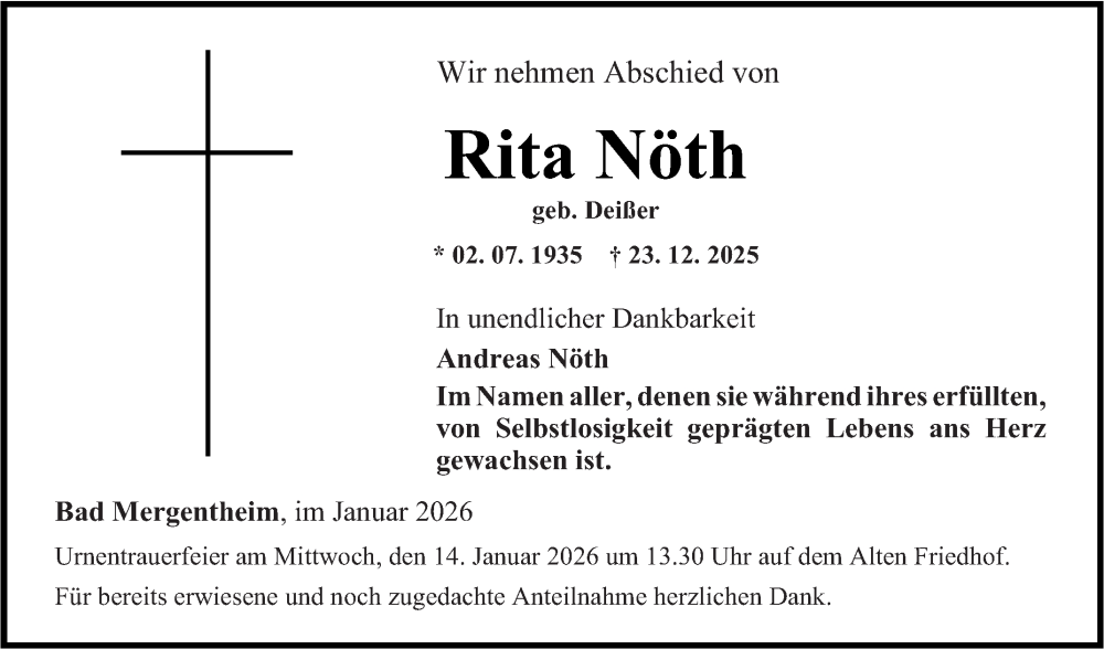  Traueranzeige für Rita Nöth vom 09.01.2026 aus Fränkische Nachrichten