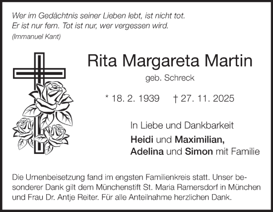 Traueranzeige von Rita Margareta Martin von Fränkische Nachrichten