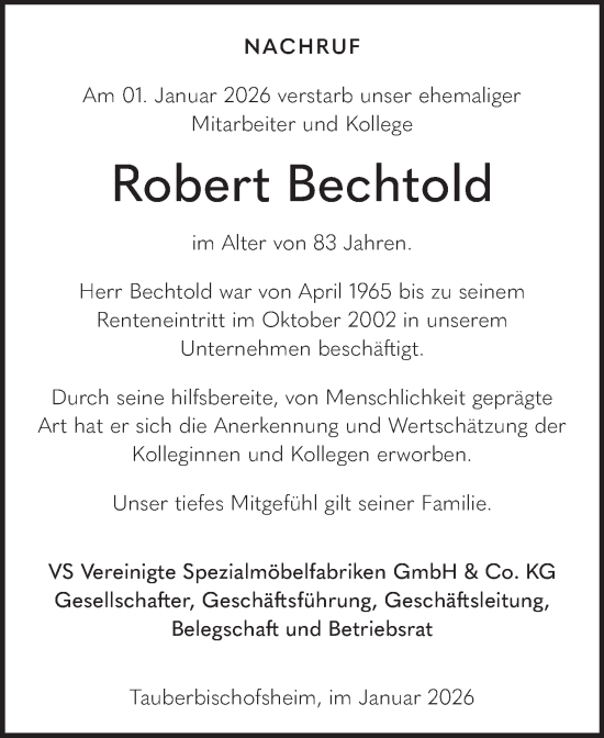 Traueranzeige von Robert Bechtold von Fränkische Nachrichten