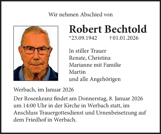 Traueranzeige von Robert Bechtold von Fränkische Nachrichten
