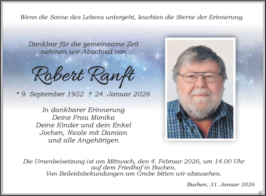 Traueranzeige von Robert Ranft von Fränkische Nachrichten