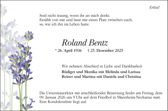 Traueranzeige von Roland Bentz von Mannheimer Morgen