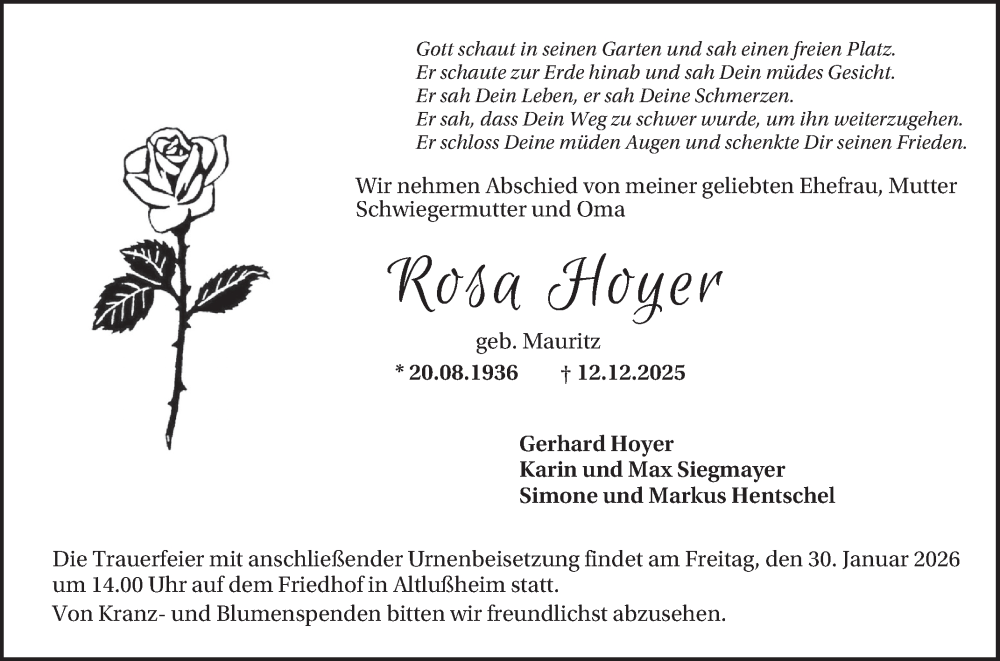  Traueranzeige für Rosa Hoyer vom 24.01.2026 aus Schwetzinger Zeitung