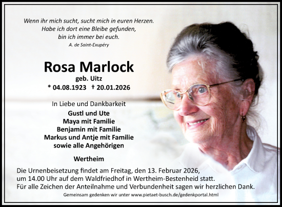 Traueranzeige von Rosa Marlock von Fränkische Nachrichten