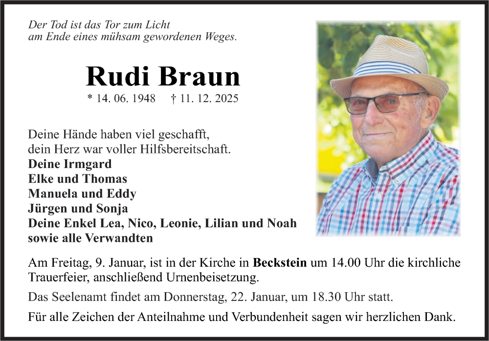  Traueranzeige für Rudi Braun vom 03.01.2026 aus Fränkische Nachrichten