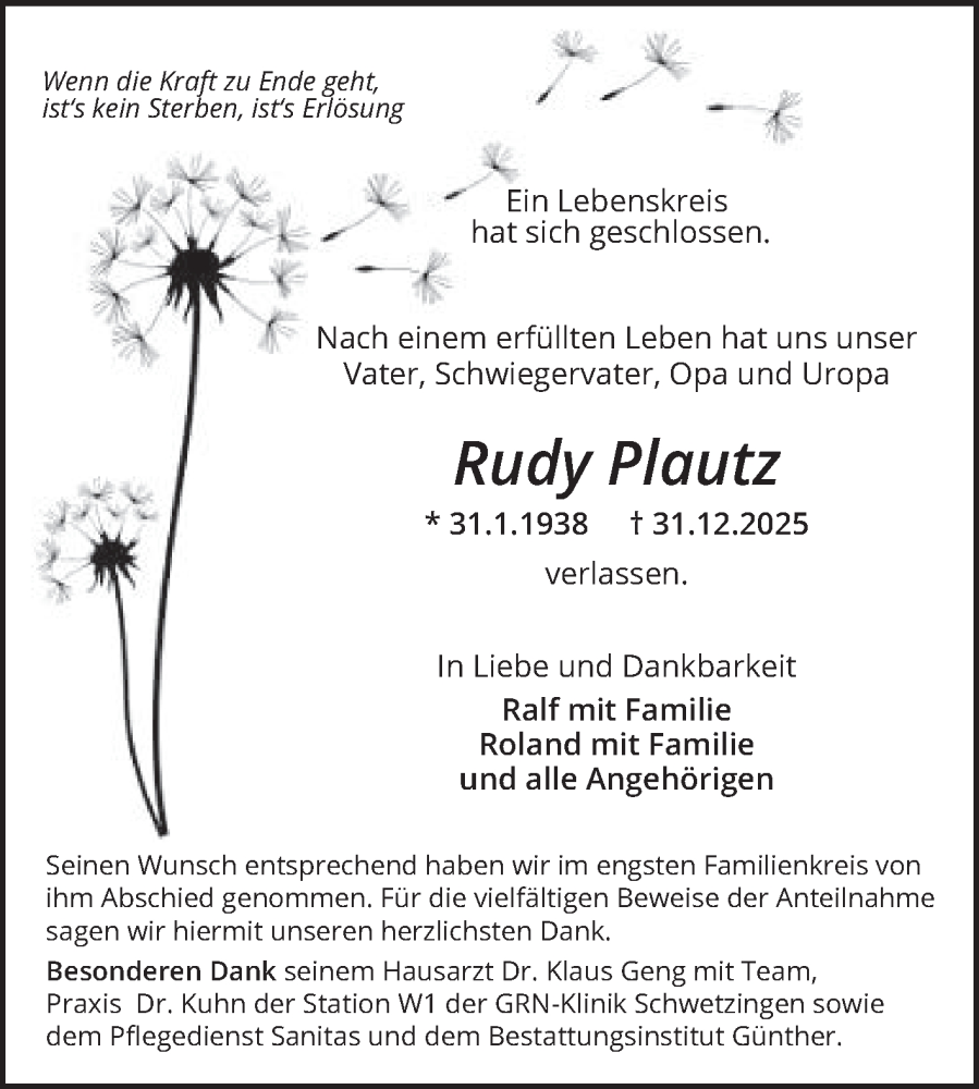  Traueranzeige für Rudy Plautz vom 31.01.2026 aus Schwetzinger Zeitung