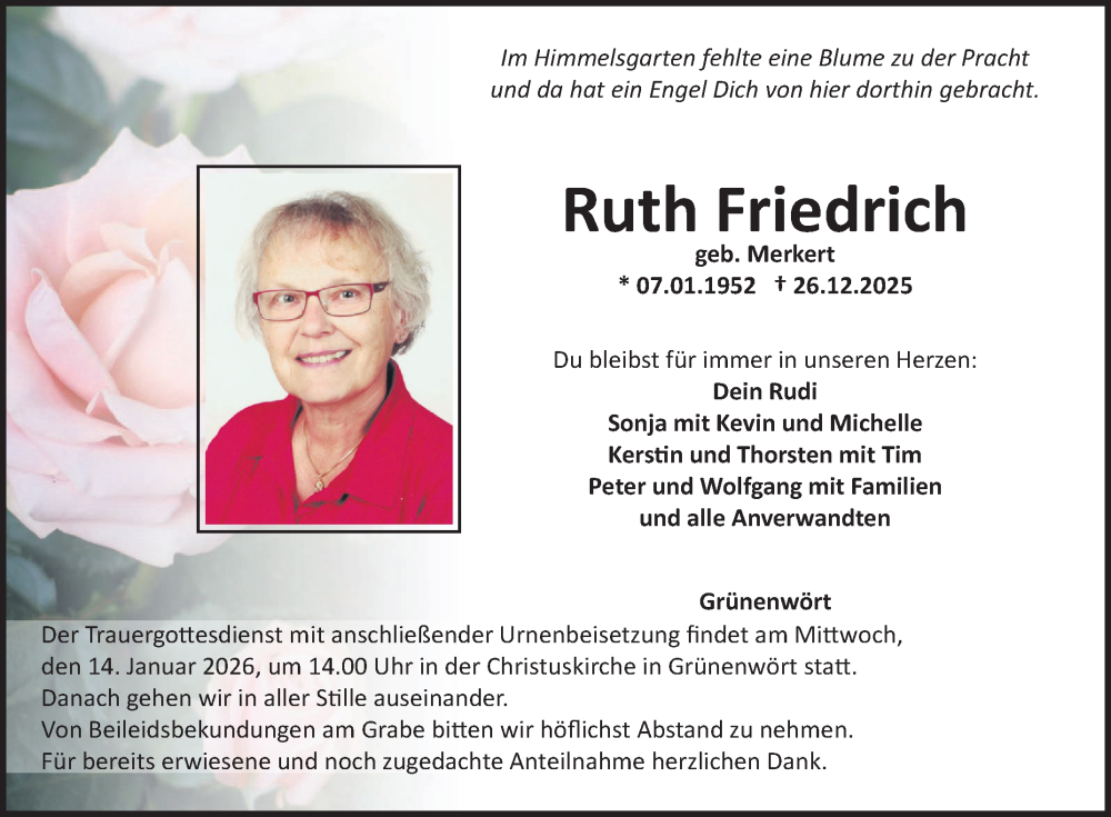  Traueranzeige für Ruth Friedrich vom 03.01.2026 aus Fränkische Nachrichten