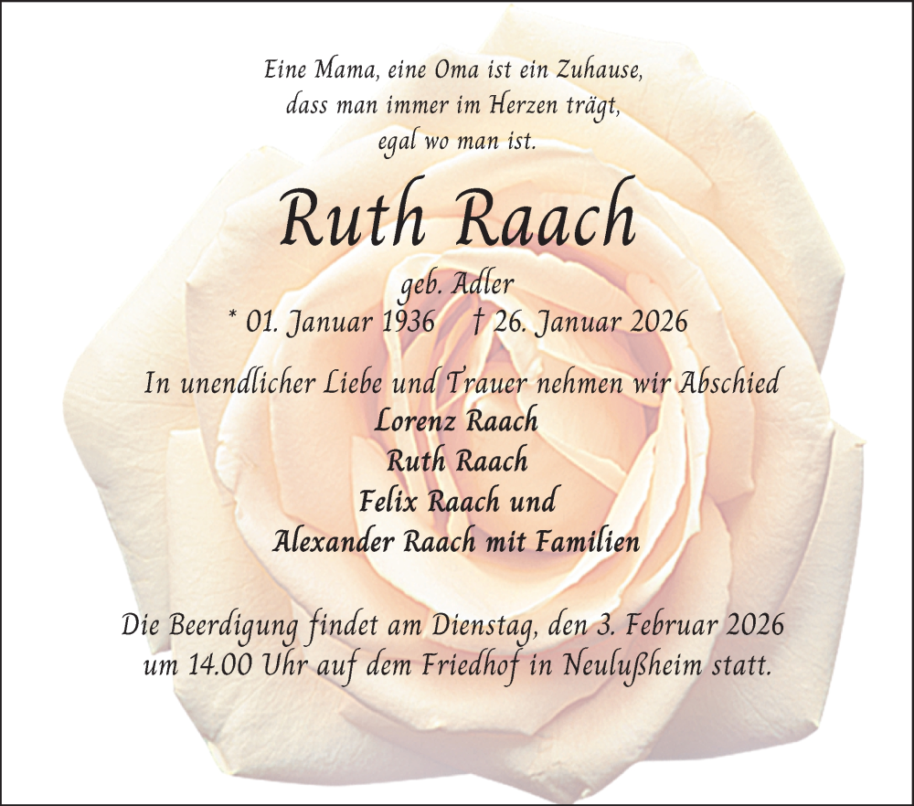  Traueranzeige für Ruth Raach vom 31.01.2026 aus Schwetzinger Zeitung