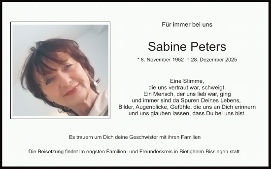Traueranzeige von Sabine Peters von Mannheimer Morgen