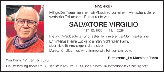 Traueranzeige von Salvatore Virgilio von Fränkische Nachrichten