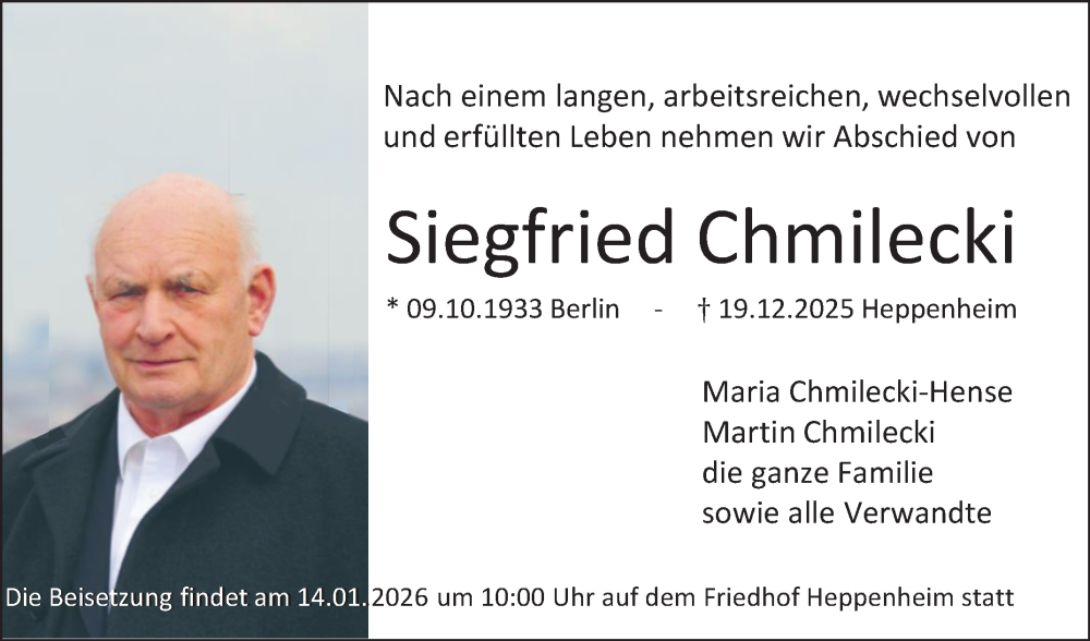  Traueranzeige für Siegfried Chmilecki vom 03.01.2026 aus Bergsträßer Anzeiger