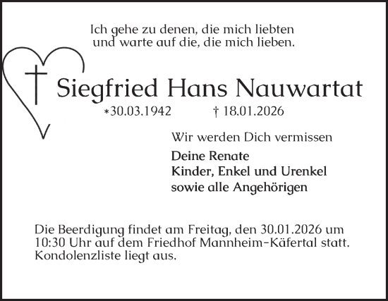 Traueranzeige von Siegfried Hans Nauwartat von Mannheimer Morgen