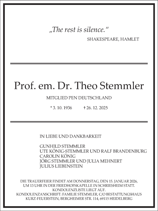 Traueranzeige von Theo Stemmler von Mannheimer Morgen