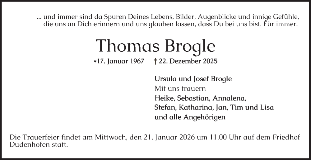  Traueranzeige für Thomas Brogle vom 17.01.2026 aus Mannheimer Morgen