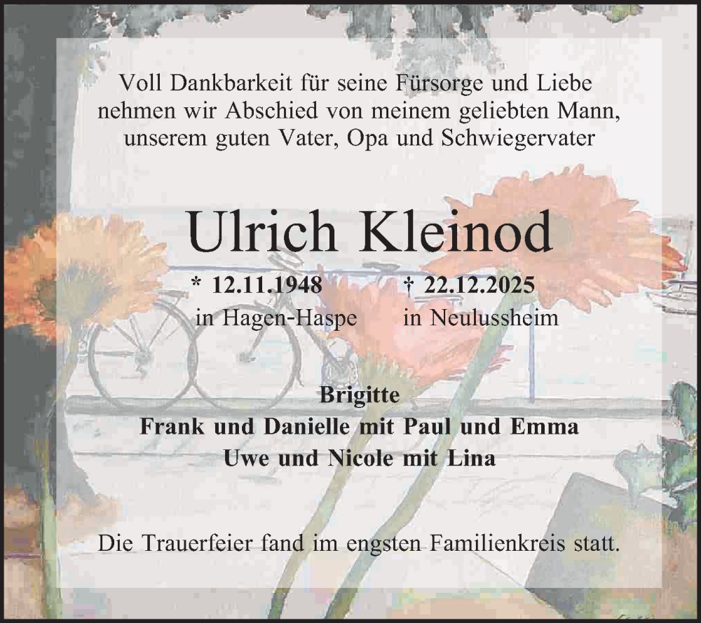 Traueranzeige für Ulrich Kleinod vom 03.01.2026 aus Schwetzinger Zeitung