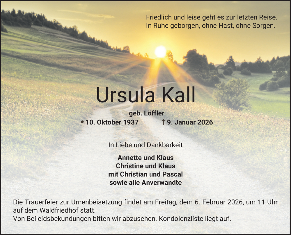  Traueranzeige für Ursula Kall vom 31.01.2026 aus Bergsträßer Anzeiger