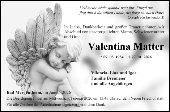 Traueranzeige von Valentina Matter von Fränkische Nachrichten