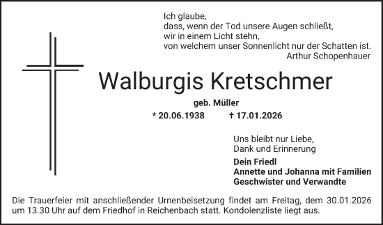 Traueranzeige von Walburgis Kretschmer von Bergsträßer Anzeiger