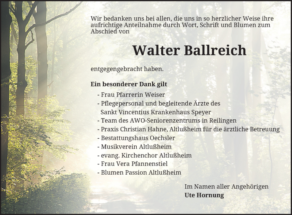  Traueranzeige für Walter Ballreich vom 31.01.2026 aus Schwetzinger Zeitung