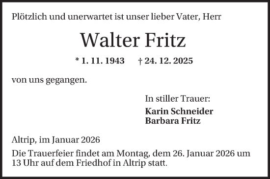 Traueranzeige von Walter Fritz von Mannheimer Morgen